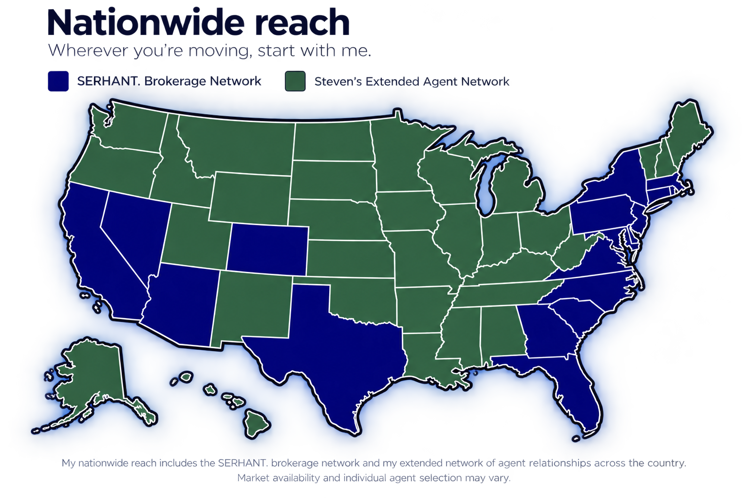 Nationwide reach map showing SERHANT. markets in SERHANT blue and Steven's Extended Agent Network in evergreen